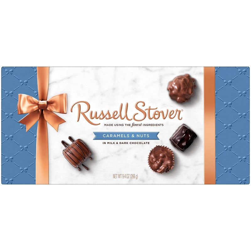 Russell Stover حلوى راسل ستوفر بالكراميل والمكسرات في الشوكولاتة بالحليب والداكنة، صندوق هدايا شوكولاتة لعيد الأم، 9.4 أونصة - Image 1