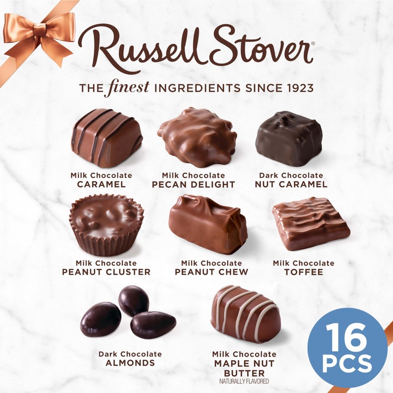 Russell Stover حلوى راسل ستوفر بالكراميل والمكسرات في الشوكولاتة بالحليب والداكنة، صندوق هدايا شوكولاتة لعيد الأم، 9.4 أونصة - Image 2
