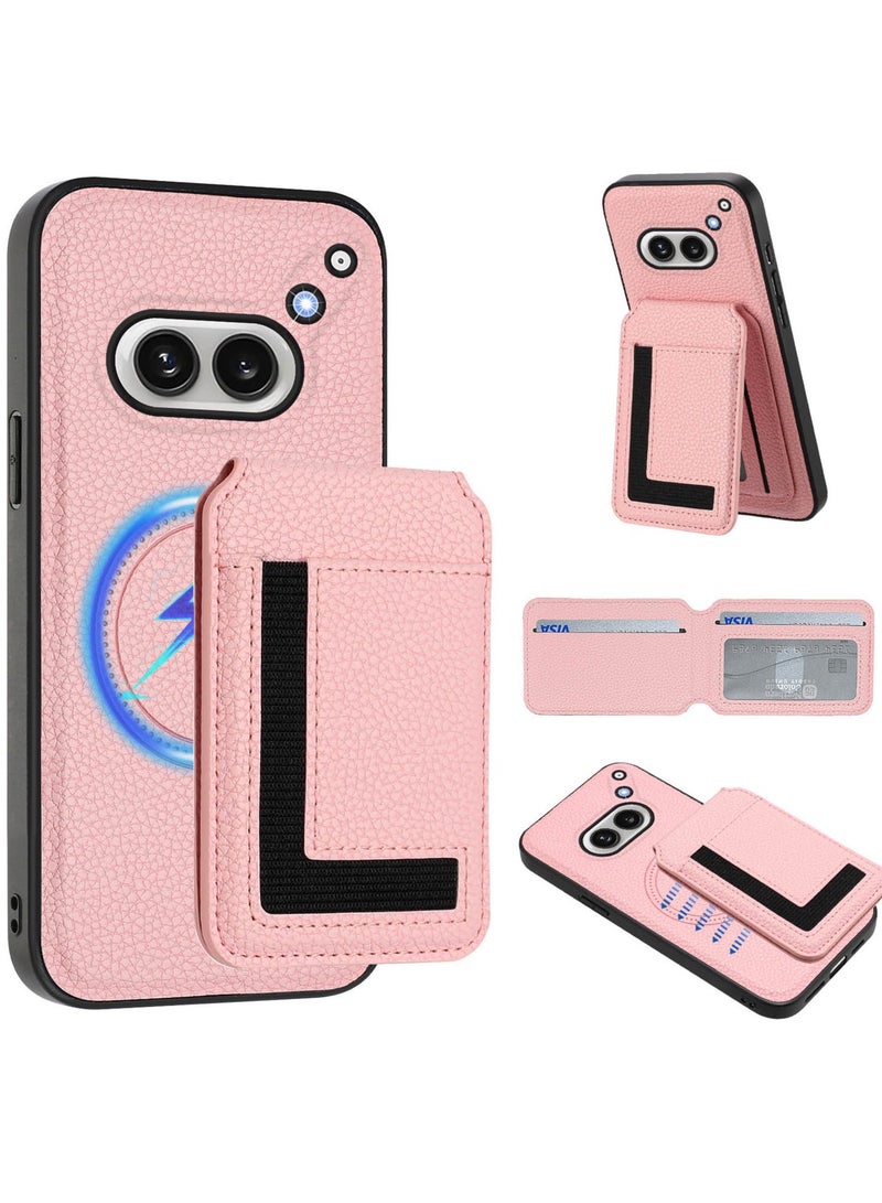 Magnetic Card Holder Case for Nothing Phone 2A, Lychee Pattern Premium PU Leather Cover Hidden Folding Kickstand Wireless Charging Compatible