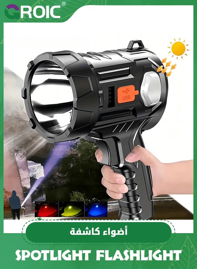 Rechargeable Spotlight Flashlight with Solar Panels, 1000,000 High Lumen Outdoor Handheld Spot Lights and Flood Light, Foldable Stand and 3 Colors Lenses for Camping,LED Flashlight