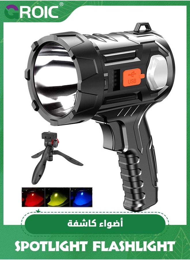 GROIC Rechargeable Spotlight Flashlight with Solar Panels, 1000,000 High Lumen Outdoor Handheld Spot Lights and Flood Light, Foldable Stand and 3 Colors Lenses for Camping,LED Flashlight  - Image 1