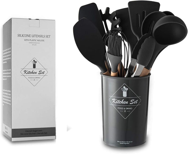 KEIDASON 12 Pcs Silicone Cooking Utensils Kitchen Utensil Set - Wooden Handles Cooking Tools Turner Tongs Spatulas Spoon for nonstick Cookware with Bamboo Holder (Black) - Image 2