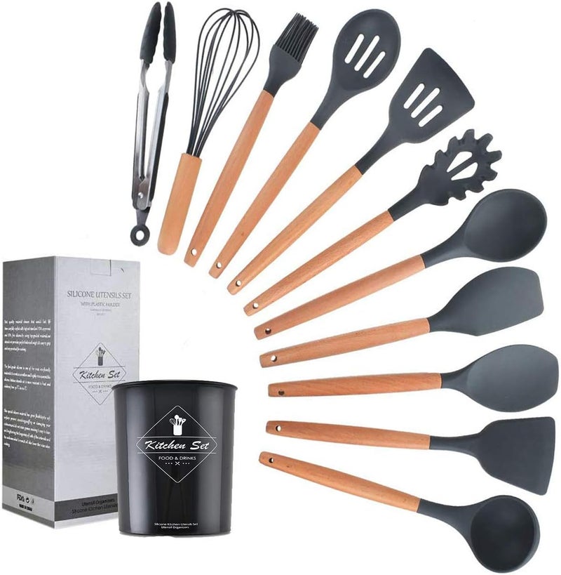 KEIDASON 12 Pcs Silicone Cooking Utensils Kitchen Utensil Set - Wooden Handles Cooking Tools Turner Tongs Spatulas Spoon for nonstick Cookware with Bamboo Holder (Black) - Image 1