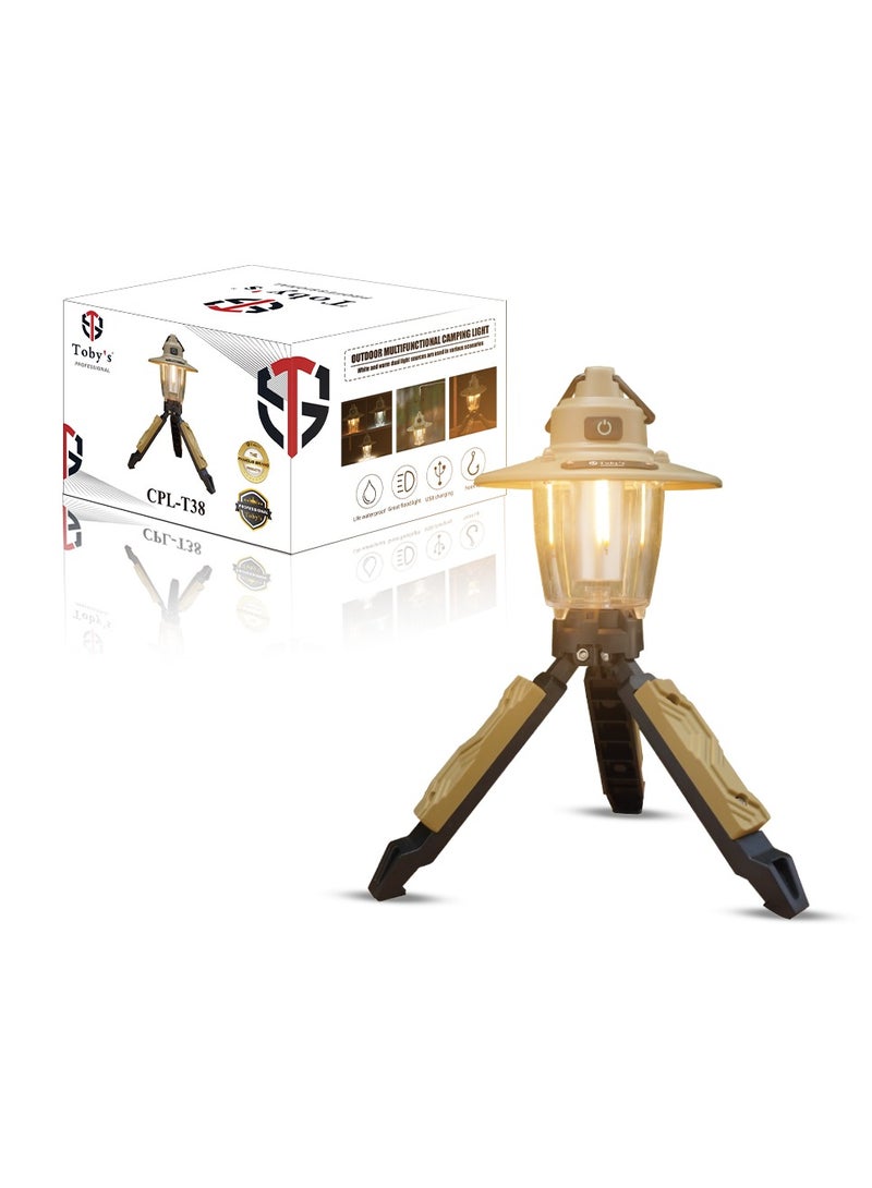 توبيز مصباح تخييم LED محمول CPL-T38 من Toby's - حامل ثلاثي القوائم، 3 أوضاع إضاءة، خطاف تعليق، صغير الحجم، قابل لإعادة الشحن ومثالي للمغامرات الخارجية - Image 1