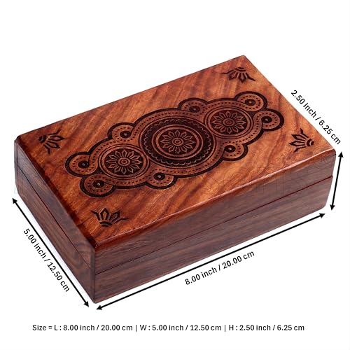 RGrandsons Handmade Wooden Keepsake Storage Box Jewelry Trinket Holder Organizer with Floral Hand Carvings and Brass Inlay 8 inch Rectangular Brown - Image 3