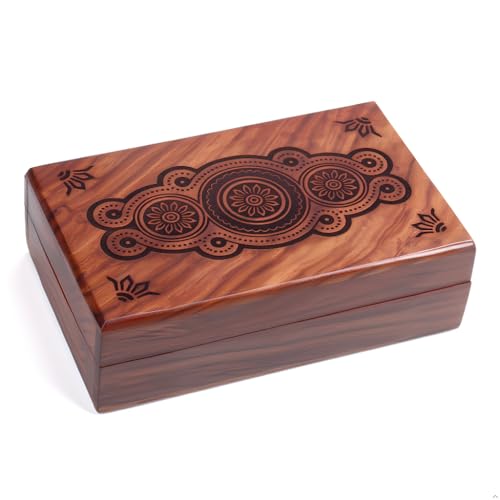 RGrandsons Handmade Wooden Keepsake Storage Box Jewelry Trinket Holder Organizer with Floral Hand Carvings and Brass Inlay 8 inch Rectangular Brown - Image 1