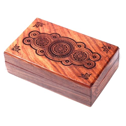RGrandsons Handmade Wooden Keepsake Storage Box Jewelry Trinket Holder Organizer with Floral Hand Carvings and Brass Inlay 8 inch Rectangular Brown - Image 5