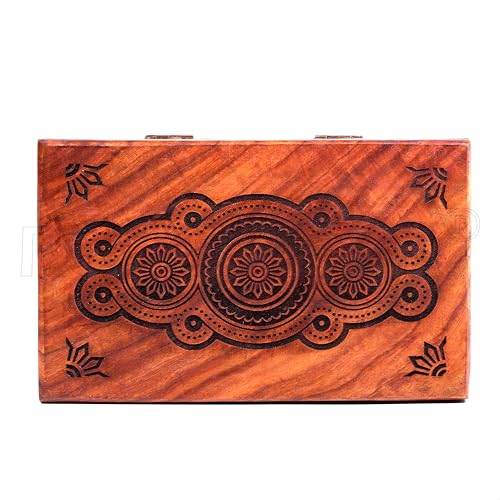 RGrandsons Handmade Wooden Keepsake Storage Box Jewelry Trinket Holder Organizer with Floral Hand Carvings and Brass Inlay 8 inch Rectangular Brown - Image 4