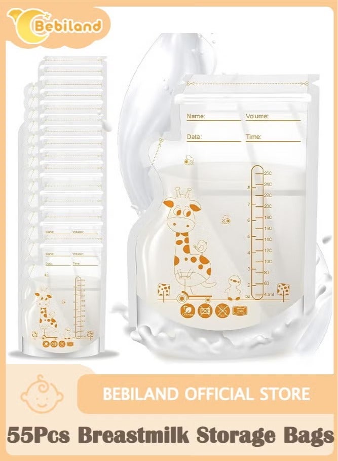 F.A.M.S 55Pcs Disposable Breastmilk Storage Bags - Dubble Zipper, 250ML Self Standing, Leak-Proof Freezer Pouches - Image 1