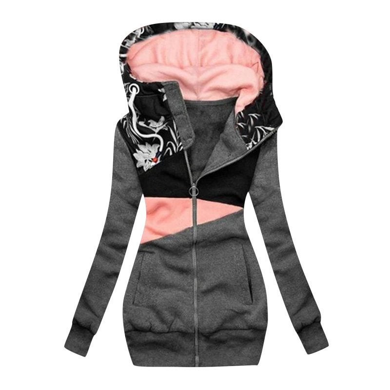 AliExpress Amazon cross-border womens sweater zipper color matching printed hooded long sleeve jacket Grey