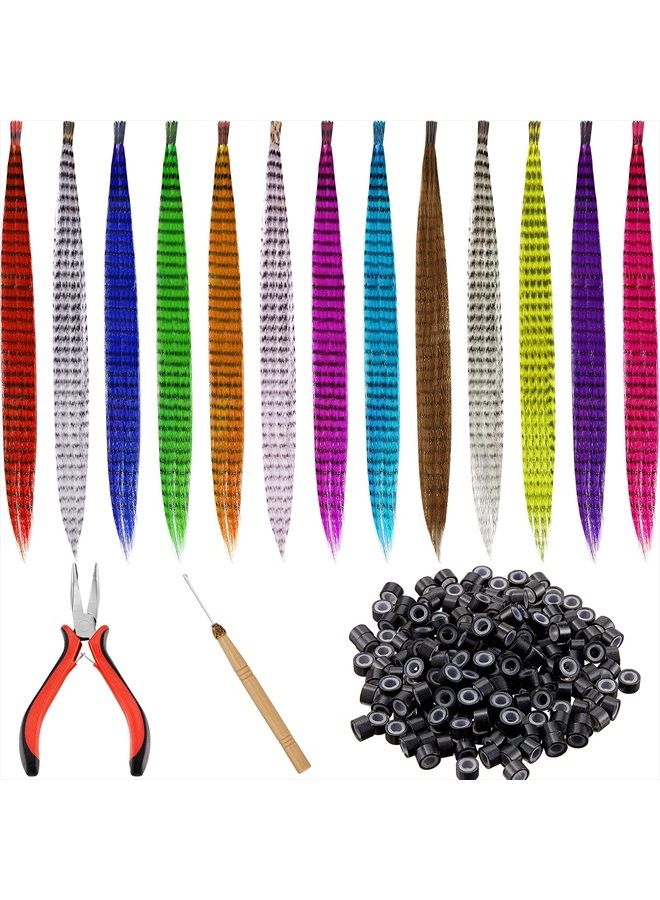 Xinnun 52 Pieces Colored Synthetic Hair Feather Colorful False Hair Extension Mixed Color Straight Hair Feather with 200 Pieces Silicone Lined Micro Ring, Crochet Hook, Hair Extension Remover Plier for Women - Image 1