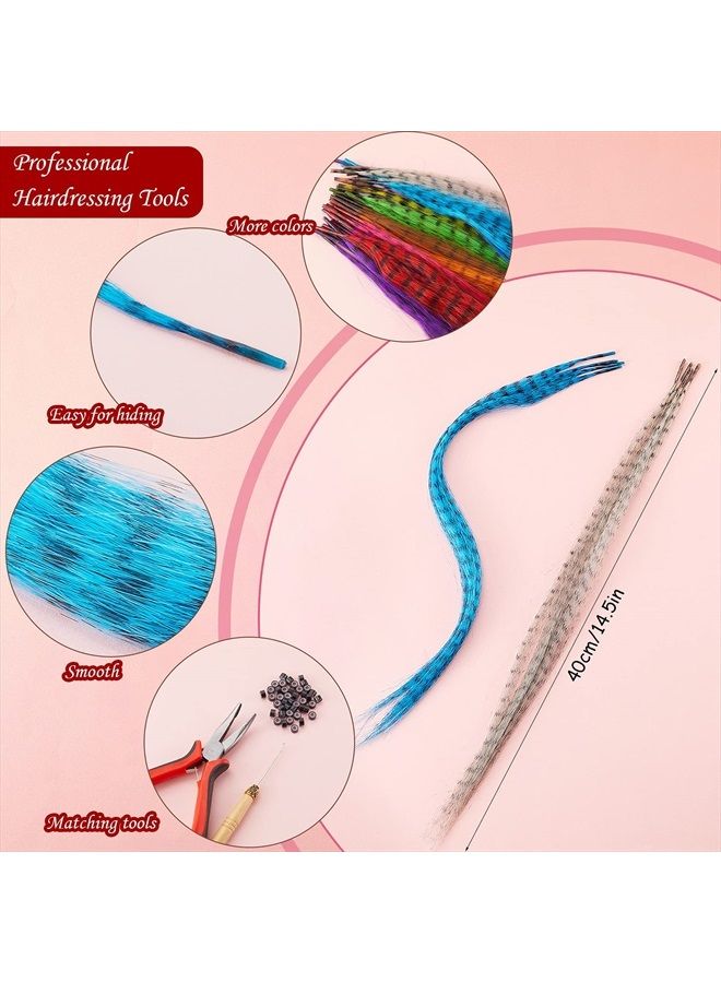 Xinnun 52 Pieces Colored Synthetic Hair Feather Colorful False Hair Extension Mixed Color Straight Hair Feather with 200 Pieces Silicone Lined Micro Ring, Crochet Hook, Hair Extension Remover Plier for Women - Image 2