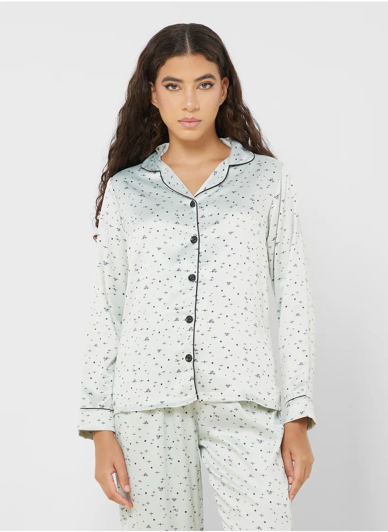 جينجر Satin Printed Shirt & Pjama Set