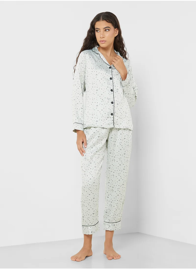 جينجر Satin Printed Shirt & Pjama Set