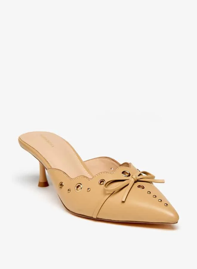 Flora Bella By Shoexpress Women Eyelet Tetxured Slip-On Mules with Bow Applique and Cone Heels