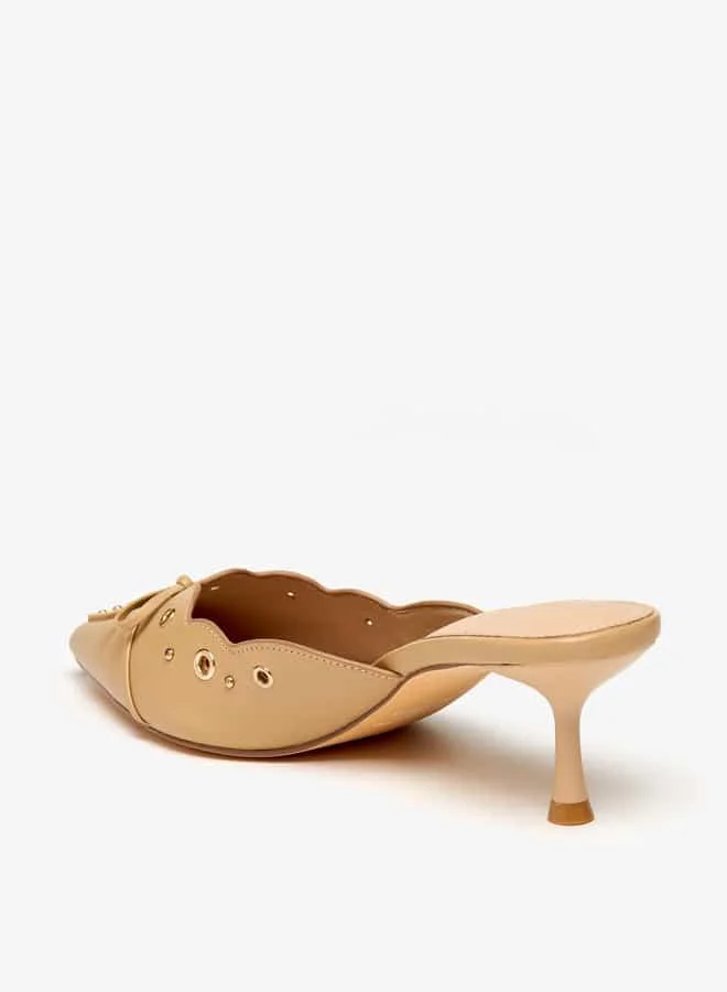 Flora Bella By Shoexpress Women Eyelet Tetxured Slip-On Mules with Bow Applique and Cone Heels