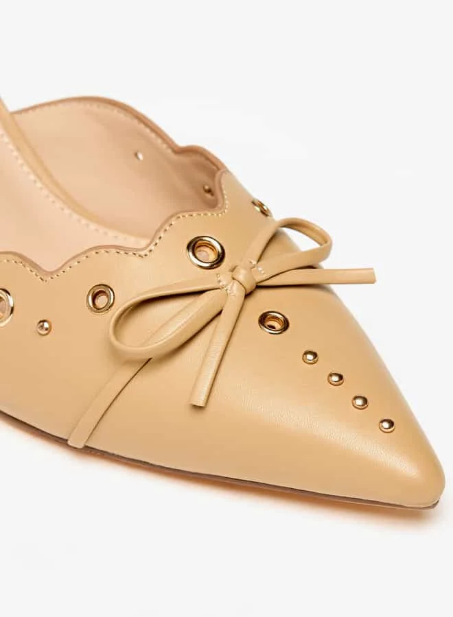 Flora Bella By Shoexpress Women Eyelet Tetxured Slip-On Mules with Bow Applique and Cone Heels