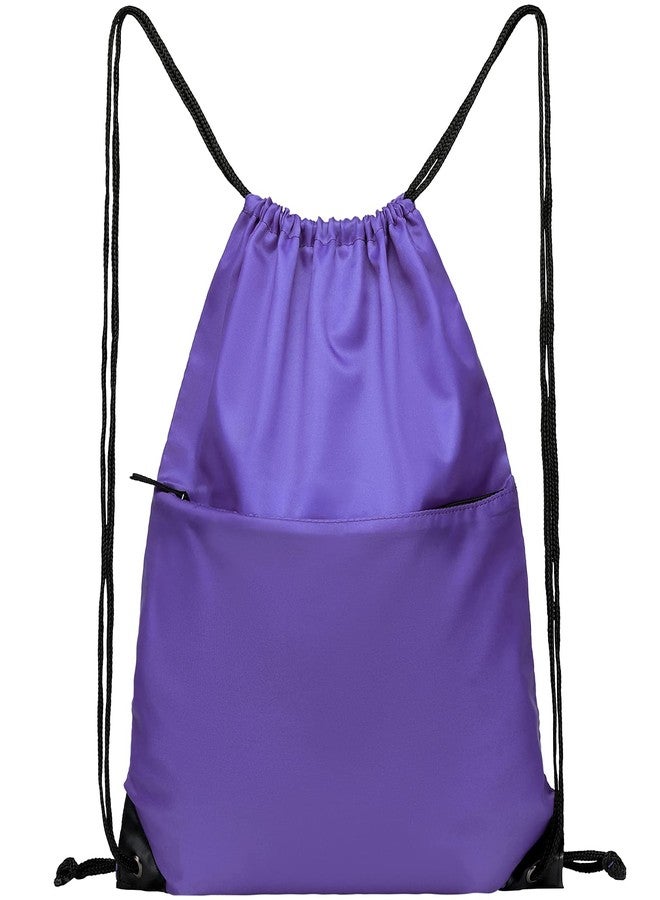 BuyAgain Drawstring Backpack Sports Water Resistant String Bag Sport Gym Sackpack for Women Men Large with Zipper, Purple - Image 1
