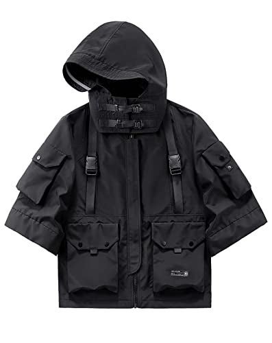 Niepce Inc Japanese Streetwear Techwear Men’s 3/4 Sleeve Jacket with Hood (Black1, XX-Large) - Image 1