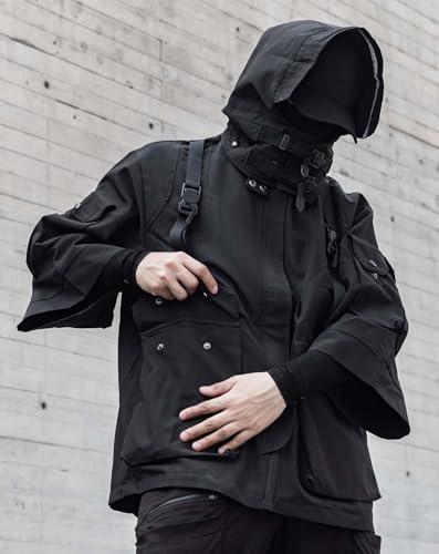 Niepce Inc Japanese Streetwear Techwear Men’s 3/4 Sleeve Jacket with Hood (Black1, XX-Large) - Image 2
