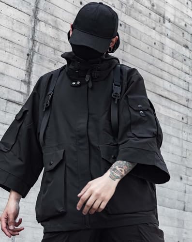Niepce Inc Japanese Streetwear Techwear Men’s 3/4 Sleeve Jacket with Hood (Black1, XX-Large) - Image 4