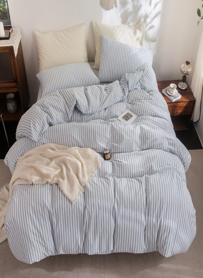 FOSSA Striped Duvet Cover Set 100% Washed Cotton Linen Feel Super Soft Breathable Cozy 3 Pieces Bedding Sets Cornflower Blue White Classic Stripes Queen - Image 3