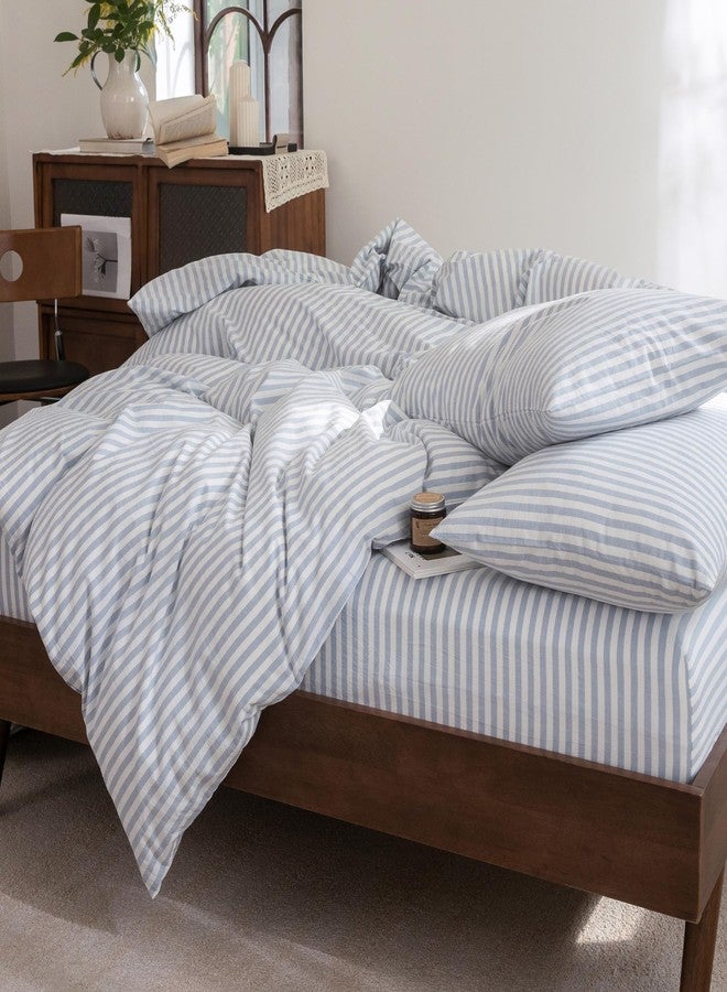 FOSSA Striped Duvet Cover Set 100% Washed Cotton Linen Feel Super Soft Breathable Cozy 3 Pieces Bedding Sets Cornflower Blue White Classic Stripes Queen - Image 4