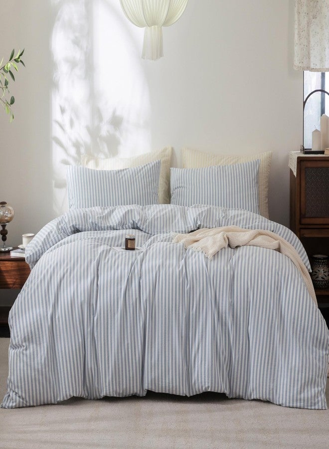 FOSSA Striped Duvet Cover Set 100% Washed Cotton Linen Feel Super Soft Breathable Cozy 3 Pieces Bedding Sets Cornflower Blue White Classic Stripes Queen - Image 1