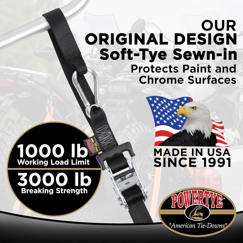 PowerTye 1.5 inch x 6.5ft Heavy Duty Ratchet Tie Down Straps with Carabiner Hooks, Soft-Tye & Storage Bag, for Motorcycle, ATV, Trailer & Cargo - 1,000 lb WLL - Made in USA - Black/Black Pair - Image 2