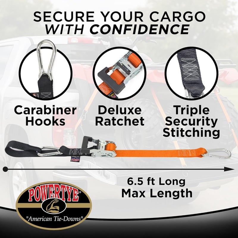 PowerTye 1.5 inch x 6.5ft Heavy Duty Ratchet Tie Down Straps with Carabiner Hooks, Soft-Tye & Storage Bag, for Motorcycle, ATV, Trailer & Cargo - 1,000 lb WLL - Made in USA - Black/Black Pair - Image 3