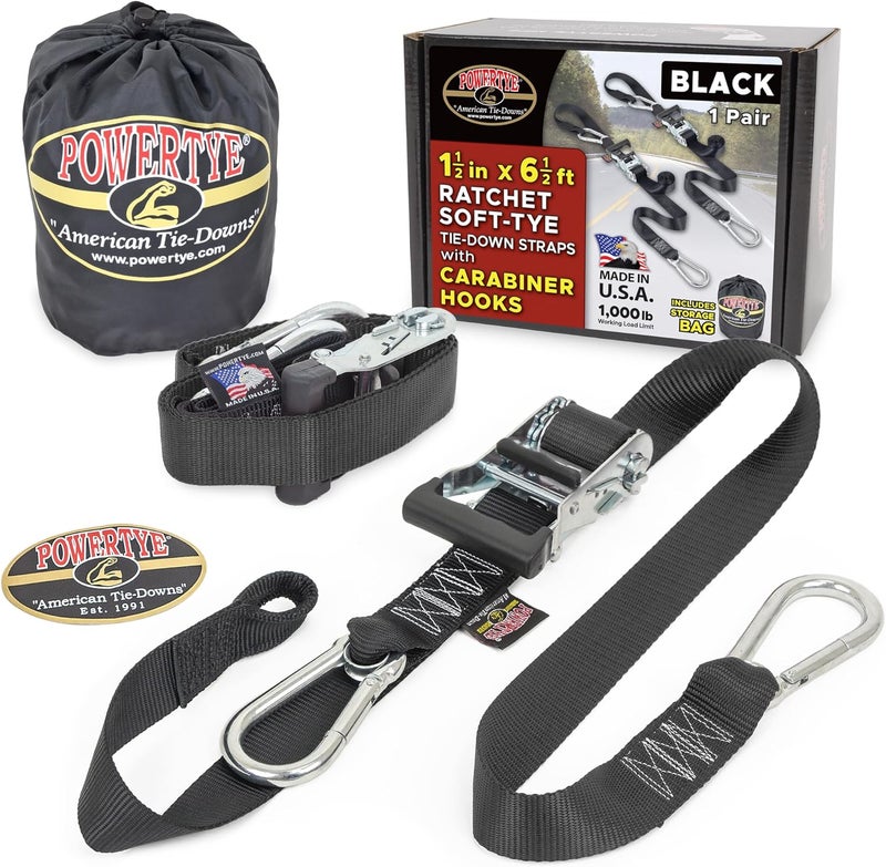 PowerTye 1.5 inch x 6.5ft Heavy Duty Ratchet Tie Down Straps with Carabiner Hooks, Soft-Tye & Storage Bag, for Motorcycle, ATV, Trailer & Cargo - 1,000 lb WLL - Made in USA - Black/Black Pair - Image 1