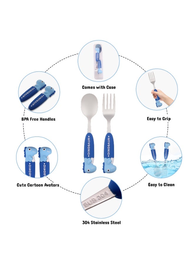 CRAVISTA Kids Stainless Steel Cutlery Set for School | Toddler Utensils Stainless Steel Kids Spoon and Fork Set | Dinosaur Cutlery Set for Lunchbox | Childrens Flatware for Boys and Girls (Blue) - Image 3