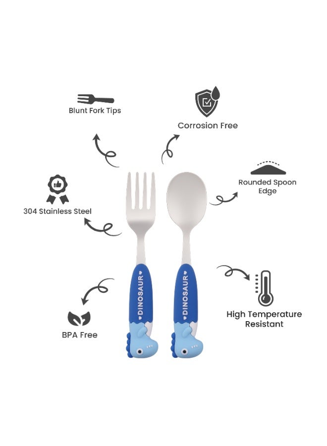 CRAVISTA Kids Stainless Steel Cutlery Set for School | Toddler Utensils Stainless Steel Kids Spoon and Fork Set | Dinosaur Cutlery Set for Lunchbox | Childrens Flatware for Boys and Girls (Blue) - Image 2