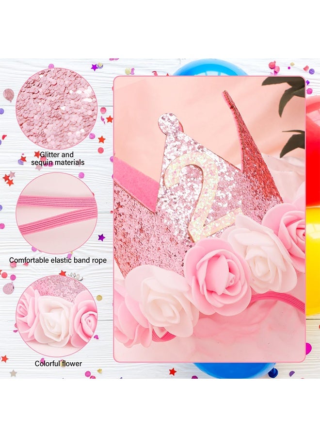 2nd Birthday Decorations for Girl 2 Sequin Birthday Crown Glitter Princess Tiara Headband Hat Rose Flower Party Decorations Outfit Girl Second Year Old Gifts Pink Photo Props - Image 4