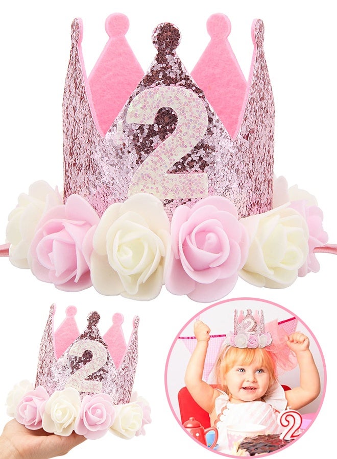 2nd Birthday Decorations for Girl 2 Sequin Birthday Crown Glitter Princess Tiara Headband Hat Rose Flower Party Decorations Outfit Girl Second Year Old Gifts Pink Photo Props - Image 1