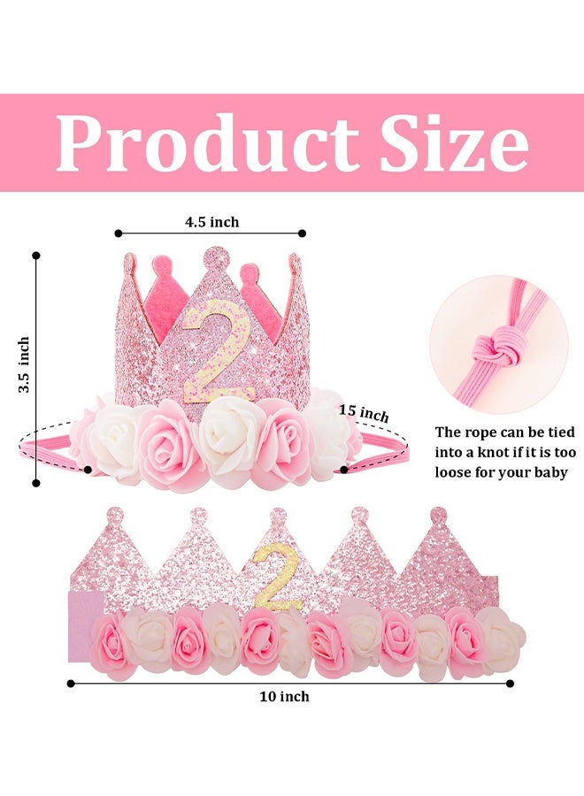 2nd Birthday Decorations for Girl 2 Sequin Birthday Crown Glitter Princess Tiara Headband Hat Rose Flower Party Decorations Outfit Girl Second Year Old Gifts Pink Photo Props - Image 2