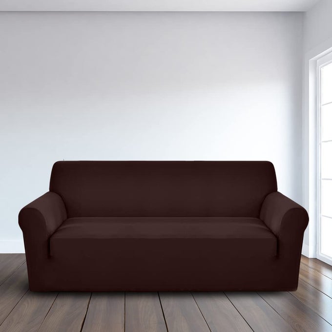 UNIVERSAL ELASTIC SOFA COVER STRETCHABLE SLIPCOVER FOR ANY TYPE OF SOFA SPANDEX JACQUARD FABRIC EASY INSTALLATION WASHABLE LIVING ROOMOFFICE CHOCOLATE BROWN THREE SEATER
