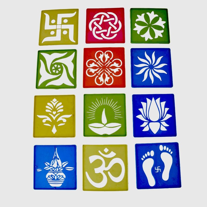 Craftam Different Design Ready to Draw Rangoli Making Stencils, Rangoli Plastic Stencils for Floor Decoration, Diwali Rangoli art stencils reusable, Festival decoration Rangoli tools (Set of 12, Size 4x4 Inch) - Image 2