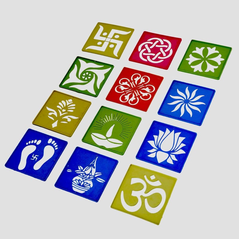 Craftam Different Design Ready to Draw Rangoli Making Stencils, Rangoli Plastic Stencils for Floor Decoration, Diwali Rangoli art stencils reusable, Festival decoration Rangoli tools (Set of 12, Size 4x4 Inch) - Image 4