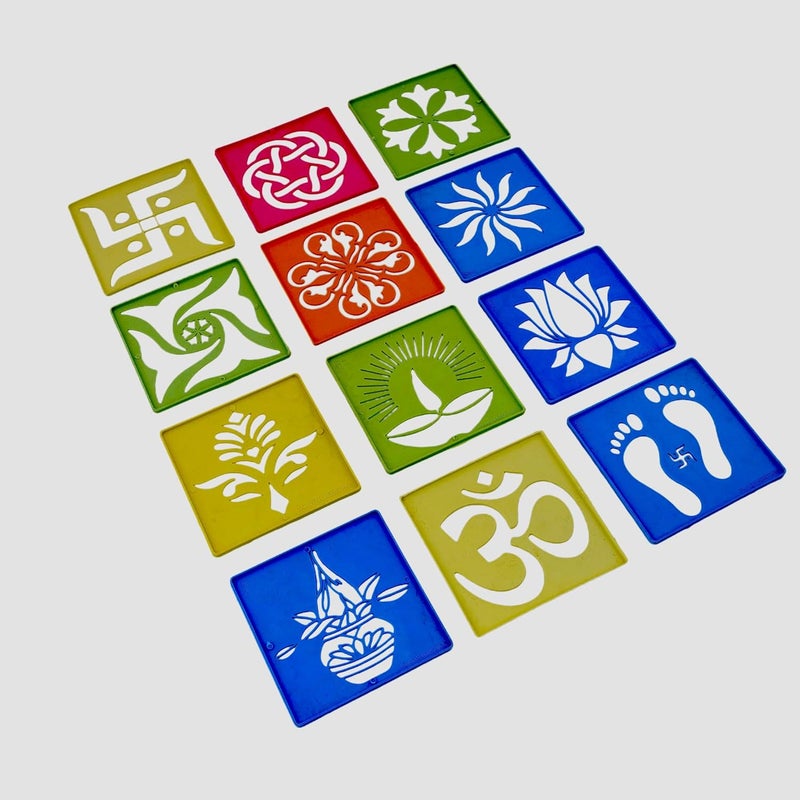 Craftam Different Design Ready to Draw Rangoli Making Stencils, Rangoli Plastic Stencils for Floor Decoration, Diwali Rangoli art stencils reusable, Festival decoration Rangoli tools (Set of 12, Size 4x4 Inch) - Image 3