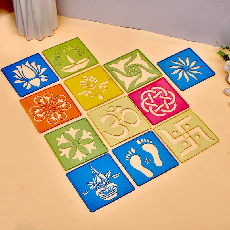 Craftam Different Design Ready to Draw Rangoli Making Stencils, Rangoli Plastic Stencils for Floor Decoration, Diwali Rangoli art stencils reusable, Festival decoration Rangoli tools (Set of 12, Size 4x4 Inch) - Image 1