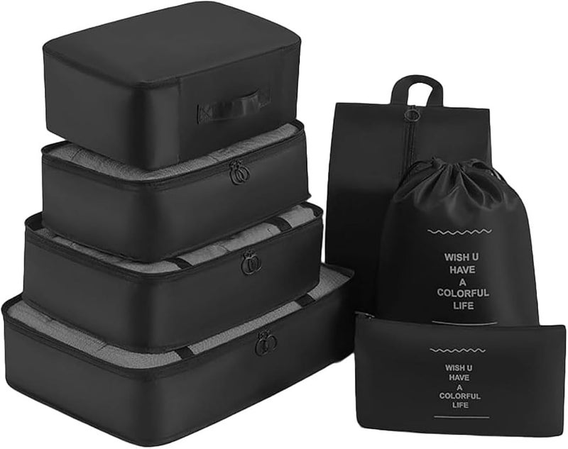 GOGO 7 Set Packing Cubes for Suitcases Lightweight Luggage Packing Organizers with Mesh bags Drawstring bag Shoe Bag Bra Bag and Flat pocket Travel Essentials Luggage Cubes Traveling Accessories - Black - Image 1