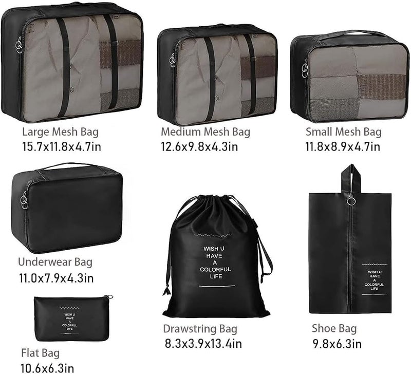 GOGO 7 Set Packing Cubes for Suitcases Lightweight Luggage Packing Organizers with Mesh bags Drawstring bag Shoe Bag Bra Bag and Flat pocket Travel Essentials Luggage Cubes Traveling Accessories - Black - Image 4