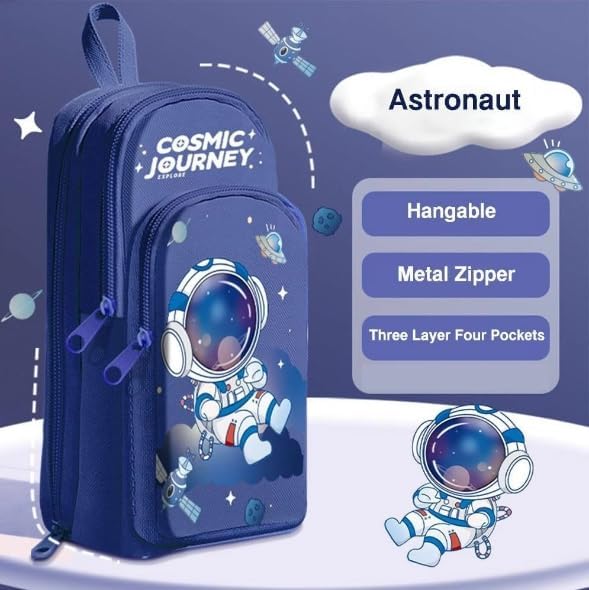 Royals hub Canvas Space Astronaut Pencil Case 6 Layer with 3 Compartment Cute Aesthetic Pencil Case for Boys & Girls Large Capacity Pencil Pouch for School Kids Cute Stationary Gift, Blue - Image 3