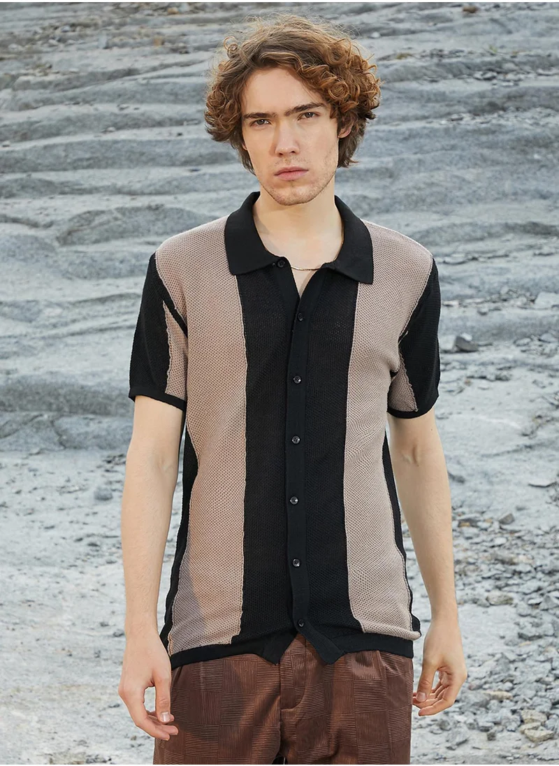كامبوس سوترا Men's Buff Beige & Onyx Black Panel-Knit Slim-Fit Shirt