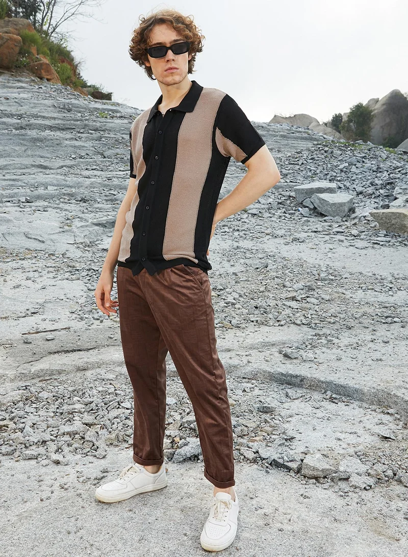 Campus Sutra Men's Buff Beige & Onyx Black Panel-Knit Slim-Fit Shirt