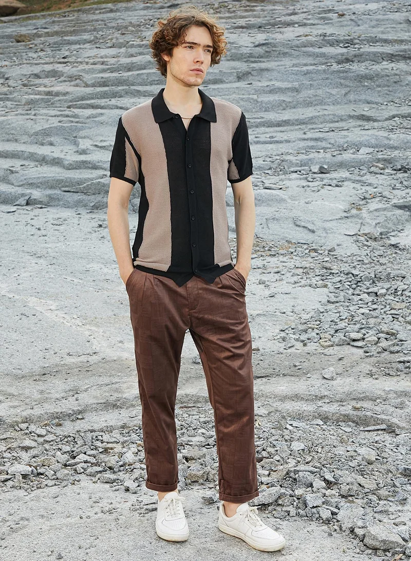 Campus Sutra Men's Buff Beige & Onyx Black Panel-Knit Slim-Fit Shirt