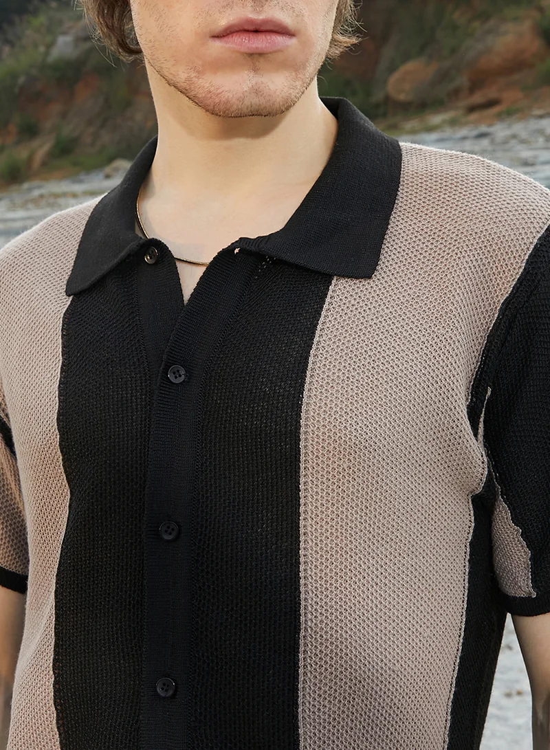 Campus Sutra Men's Buff Beige & Onyx Black Panel-Knit Slim-Fit Shirt