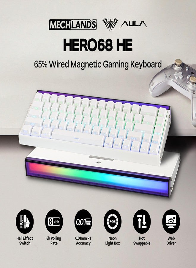 MechLands Aula Hero68 HE Wired Magnetic Gaming Keyboard, Rapid Hall Effect Keyboard with 0.01mm Adjustable Actuation, 8kHz Polling, 5-Layer Sound Dampening, RGB Lightbox & Backlit (White) - Image 2
