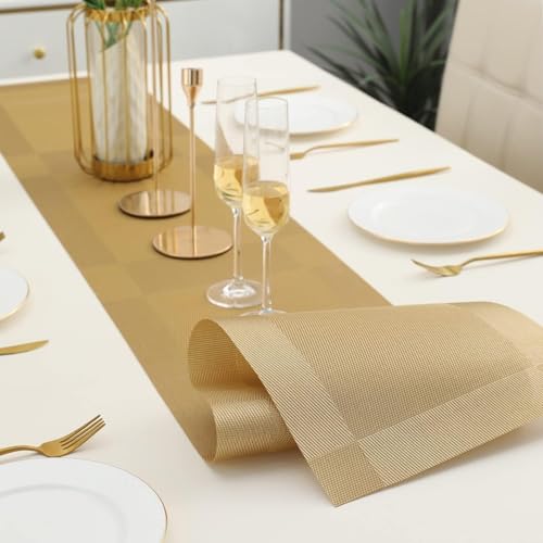 OICIA Gold PVC Table Runner 107x12 Inch, Heat-Resistant Woven Vinyl, Non-Slip Anti-Skid, Washable & Easy Clean, Durable Stain-Resistant Modern Table Decor for Dining, Kitchen & Office - Image 2